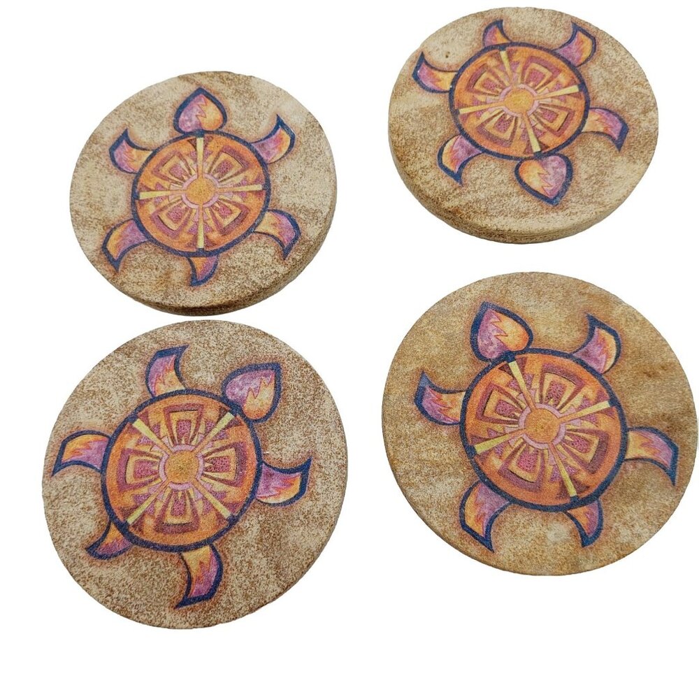 Sea Turtle Stone Coaster Set Of 4 Round Cork Back READ